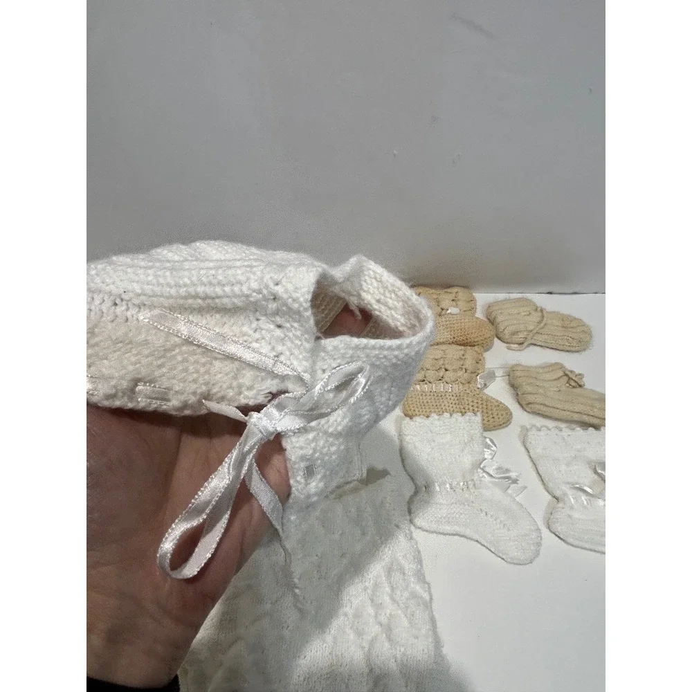 VTG Handmade Knit Baby Set NB White Vintage Style Cardigan Bonnet Booties Bib